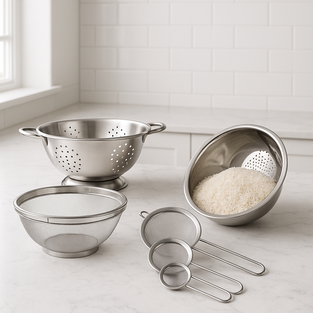 Kit 4 peças Escorredor De Arroz + Escorredor De Macarrão + Escorredor telado + 3 Peneiras