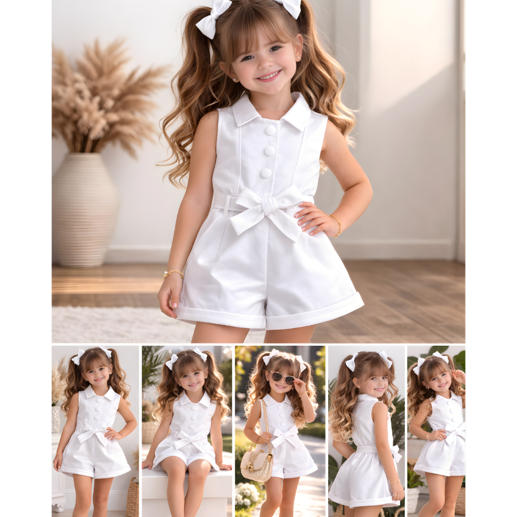 Macacão Infantil Menina blogueirinha Diva 2 ao 8 Elegante com Botões e Cinto Laço - Cores Variadas