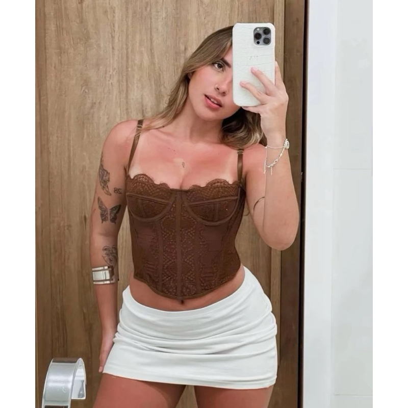 Cropped Feminino Corset Renda Corselet Alça Regulagem