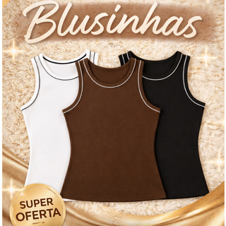 Kit 3 Regatas Feminina Ribana Canelada Nadador Básica Casual em Oferta na Shopee