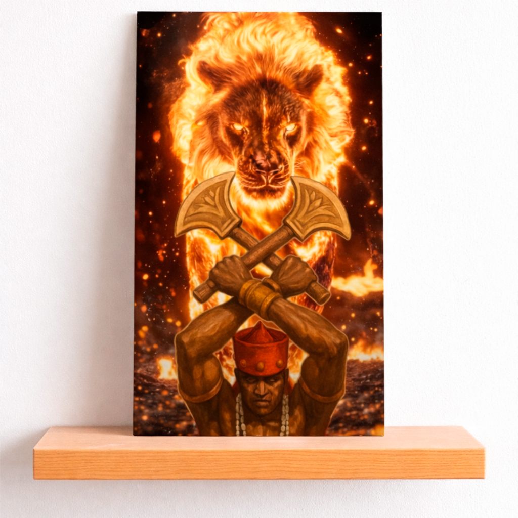 QUADRO DECORATIVO PLACA MDF-XANGÔ COM SEU DOIS MACHADOS COM LEÃO DE FOGO