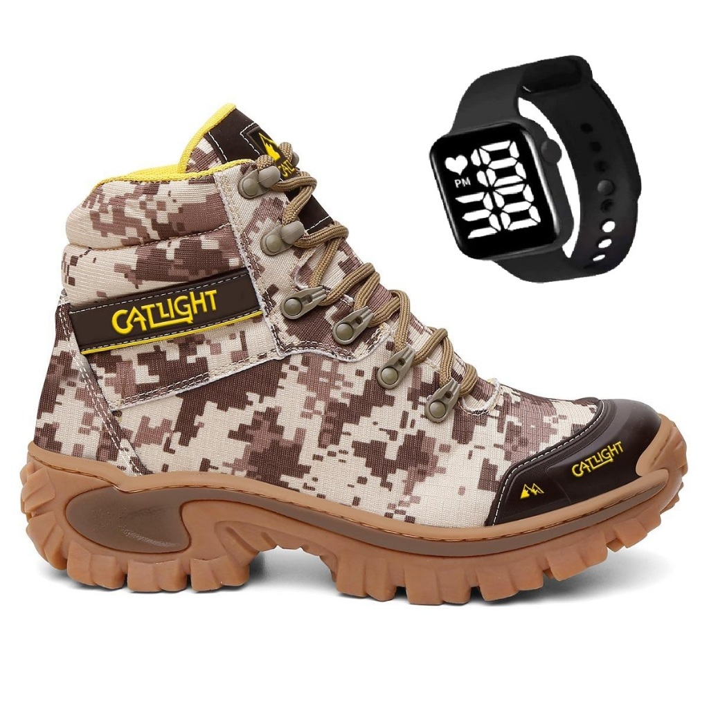 Coturno Masculino Bota Botina Couro Legítimo Confortável Resistente Não Escorrega + Relógio