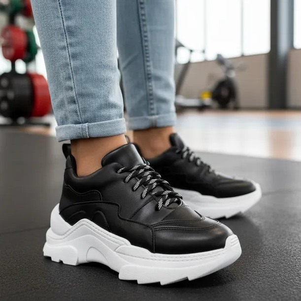 Tênis Feminino Recortes Sneaker Chunky Preto Cadarço Brinde