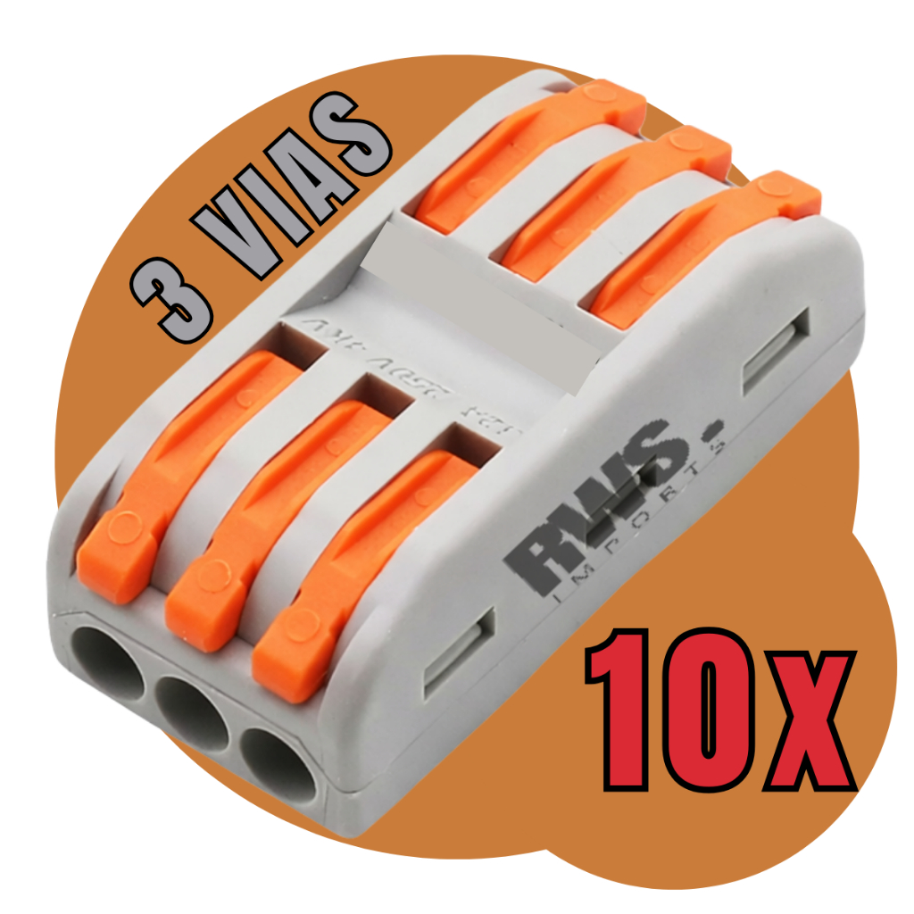 Kit 10 Conectores Elétricos 3 Vias Click Rápido Alavanca Laranja Profissional