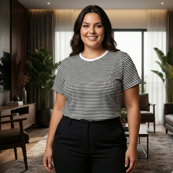 Camiseta Blusa Tshirt Listrada Gola Redonda em Malha de Algodão Plus Size em Oferta na Shopee