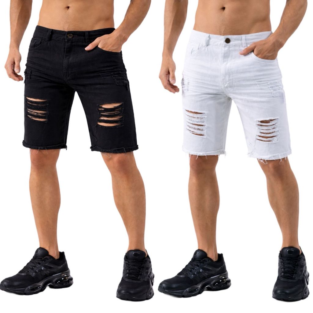 Bermuda Jeans Masculina Rasgada Modelo Premium Destroyed Slim Short Masculino