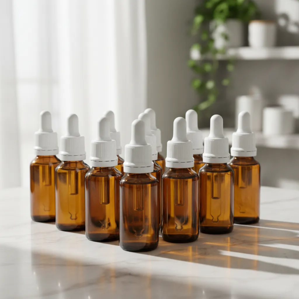 50 Frasco Conta Gota 30ml Vidro Âmbar Tampa Branca C/ Lacre