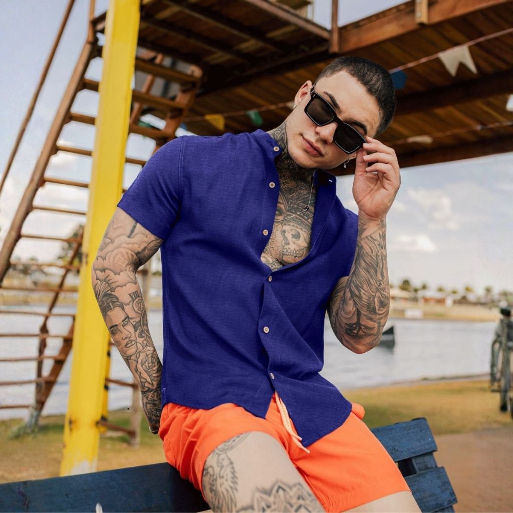 Camisa Masculina Gola Padre Leve Toque Macio Tecido Dunas Moda Praia