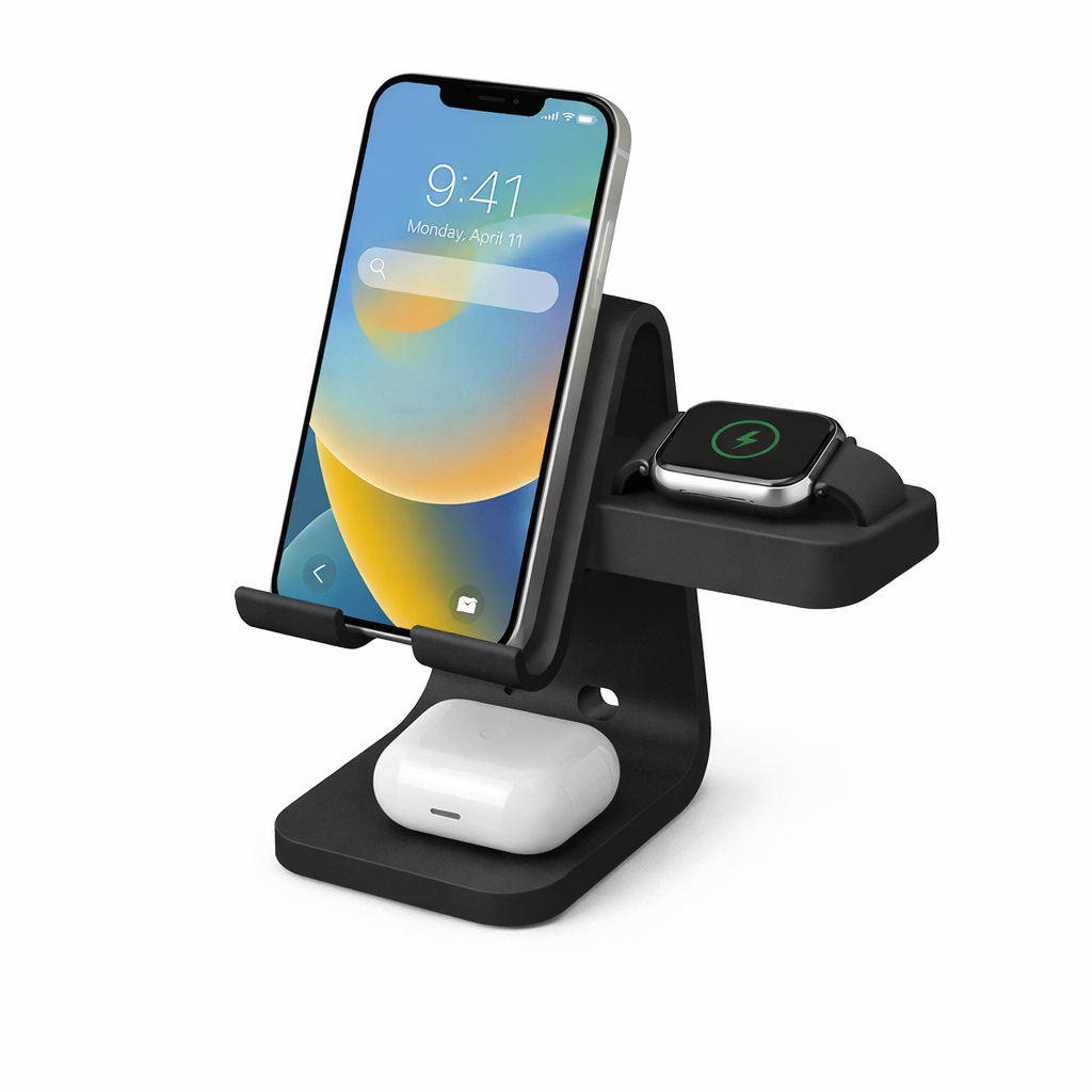 Suporte de Carregamento 3 em 1 para iPhone, Apple Watch e AirPods – Estação Organizador de Mesa com Fio Oculto