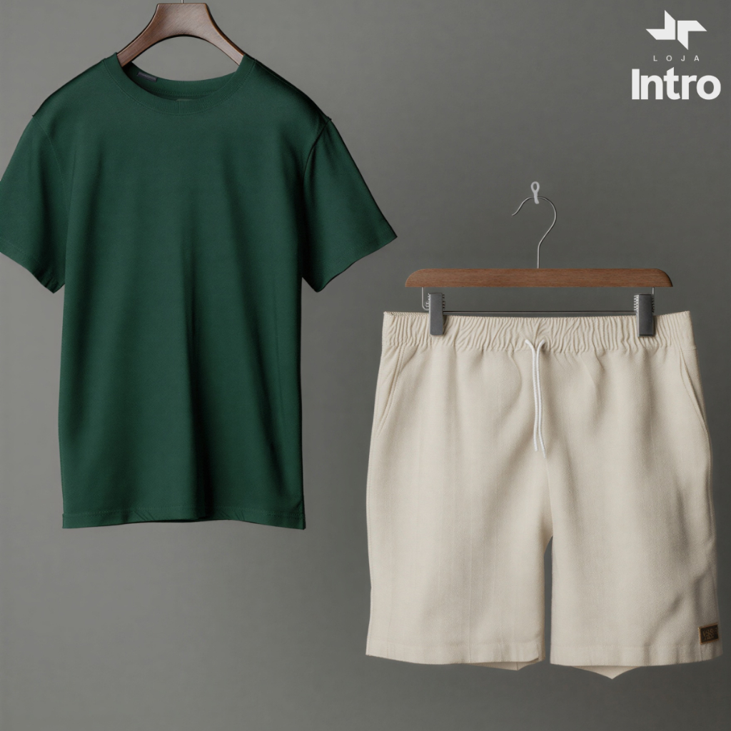 Conjunto Masculino Kit Camiseta Básica Pima + Short Linho Curto Estilo Mauricinho Verão Loja Intro