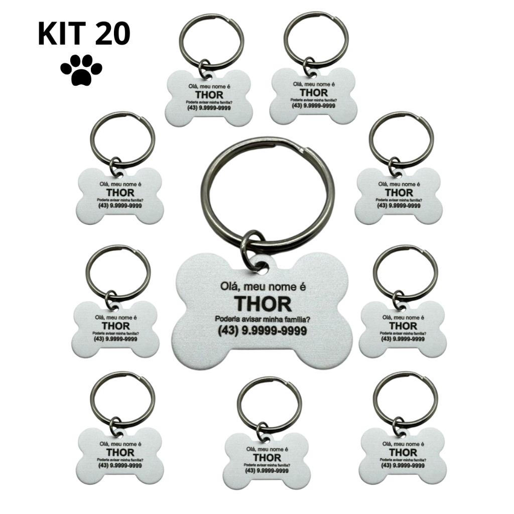 Kit com 20 Tags Pet Personalizadas | Identificação para Cachorro com Nome e Telefone Pet shop Comercio Atacado