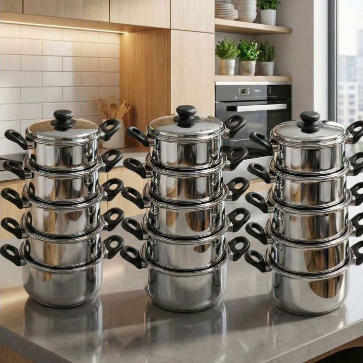 Atacado!! Kit 15 Panelas [Inox/Alumínio] Alto Brilho - Design Moderno, Alças Resistentes e Cozinha em Oferta na Shopee