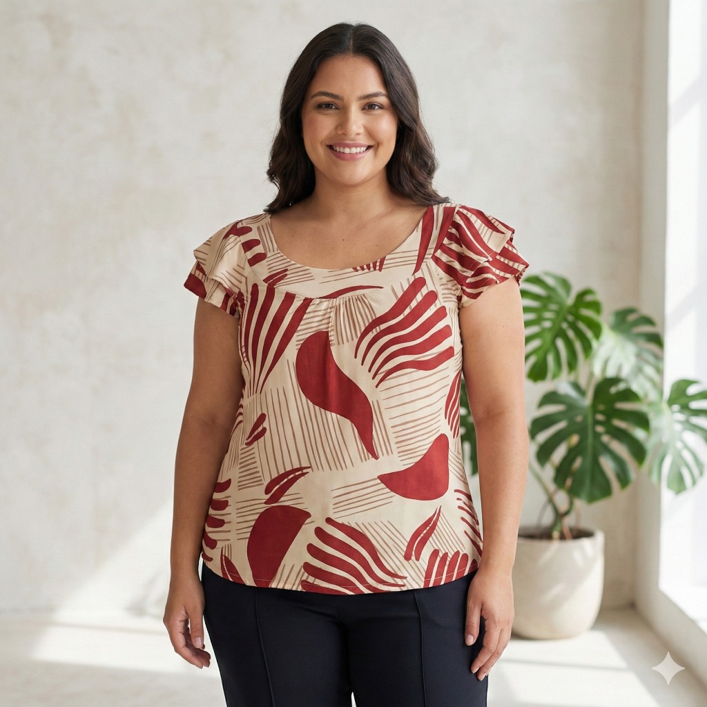 Blusa Feminina Plus Size Manga Godê Bata Estampada