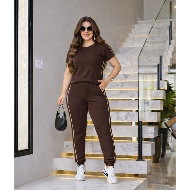 Conjunto Feminino Moletinho Premium 2 Peças Blusa e Calça com Listra Lateral Casual Elegante Academia Outono Inverno