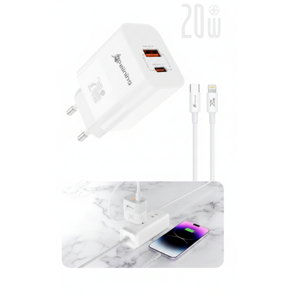 Kit Carregador Completo Para Iphone Entrada Usb Entrada Tipo-C Original Peining Fonte 20W Cabo Lightning Turbo