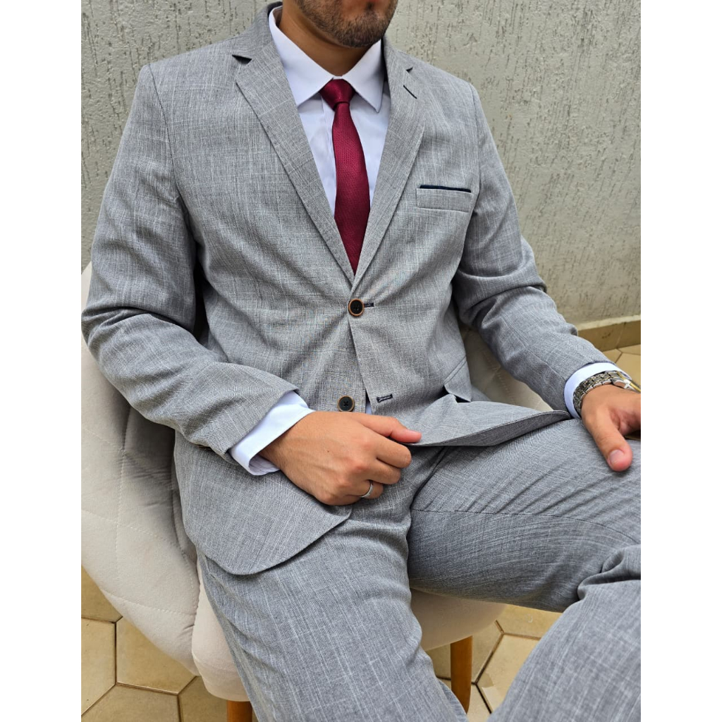 Terno Cinza Alfaiataria Italiano Premium Com Ajuste Na Calça para Casamento