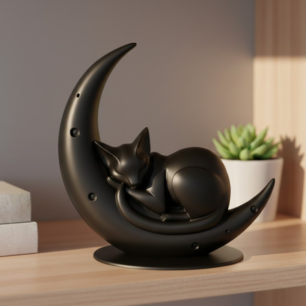Escultura Gato na Lua Enfeite Decorativo Moderno Sala Quarto Escritório Casa Mesa Estante Rack