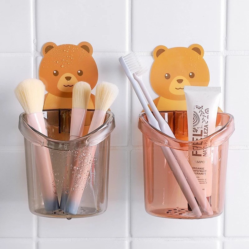Suporte para Escova e Pasta de Dente de Acrílico para Banheiro - Desenho Urso com Adesivo