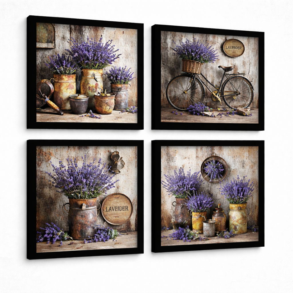 Kit 4 Quadros 30X30 Sala Varanda Vaso Flor Rústico Lavanda Carvalho