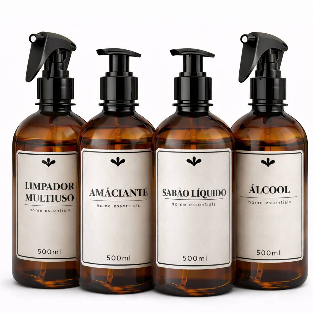 Kit 4 frascos âmbar lavanderia 500ml - Limpador multiuso, amaciante, sabão líquido e álcool