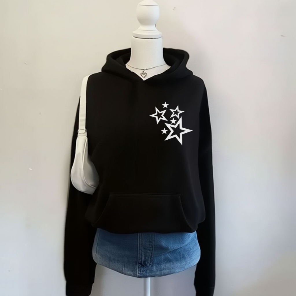 Blusa Moletom Preta Estrelas Inverno Quentinho Flanelado Minimalist Confortável