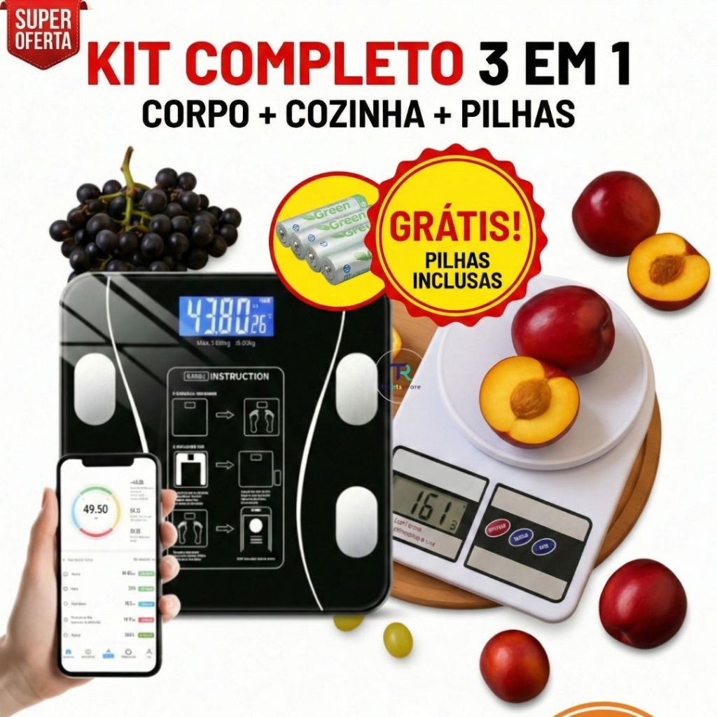 Kit 2 Balanças Digital: Bioimpedância Corporal Banheiro + Precisão Cozinha 10kg + Pilhas