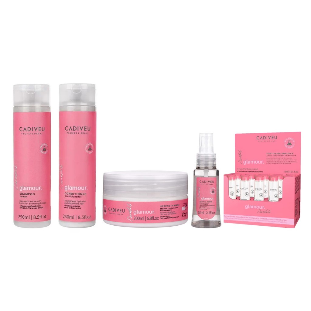Cadiveu Kit Glamour Sh e Cond 250ml + Másc 200ml + Cristal Liquido 65ml + 10 Ampolas de 15ml