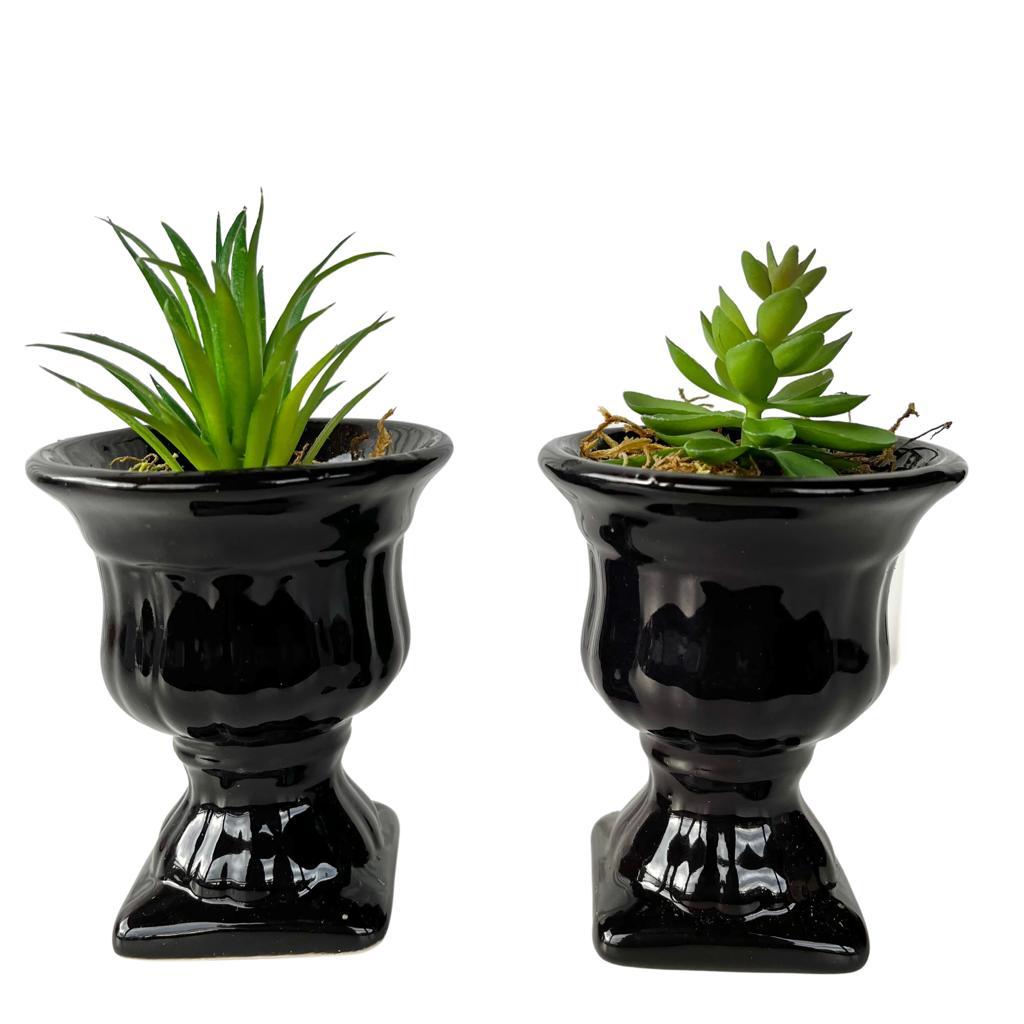 Dupla vaso taça de cerâmica preto brilho com pé pedestal