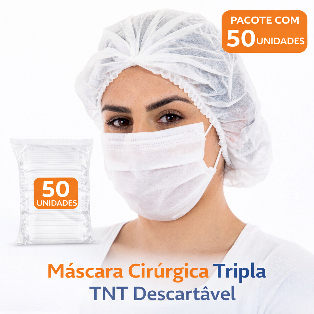 Máscara Cirúrgica Descartável Tripla TNT – Uso Profissional – 50 Unidades – Elástico e Clip Nasal em Oferta na Shopee
