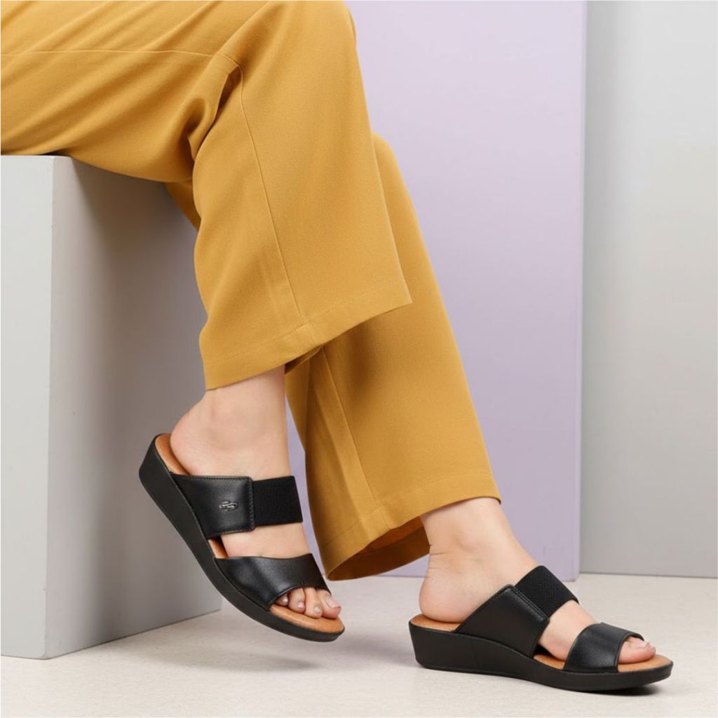 Chinelo Tamanco Feminino Couro Usaflex Anabela Baixo Elástico Conforto