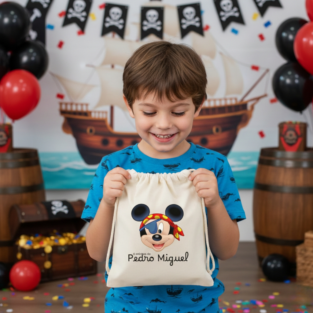 Kit Saquinhos de Algodão Cru Tema Mickey Pirata Lembrancinha Personalizada Aniversário Infantil Festa Mickey