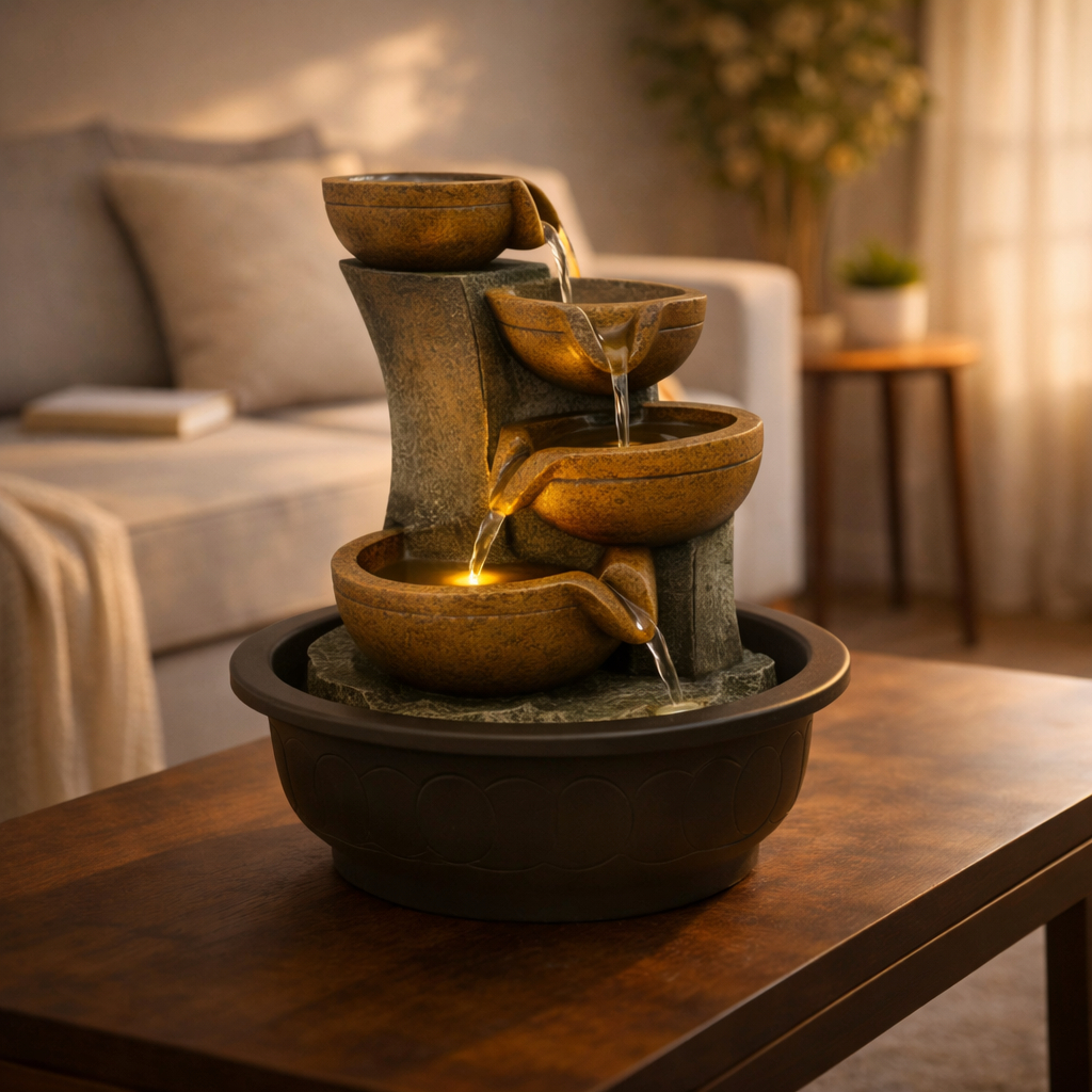 Imagem Fonte Decorativa LED  bomba Relaxante Meditação Zen Cascata Água ornamental Sala Escritório110/220