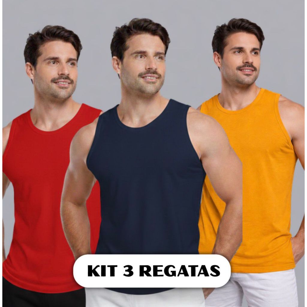 Kit com 3 regatas masculina 100% algodão verão lazer básica regata em Oferta na Shopee