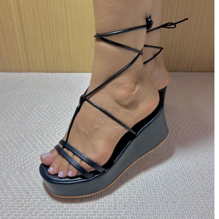 Plataforma Anabela Sandália Feminino Tamanco Flat Confortável Feminino Salto Alto Flatform Tiras finas