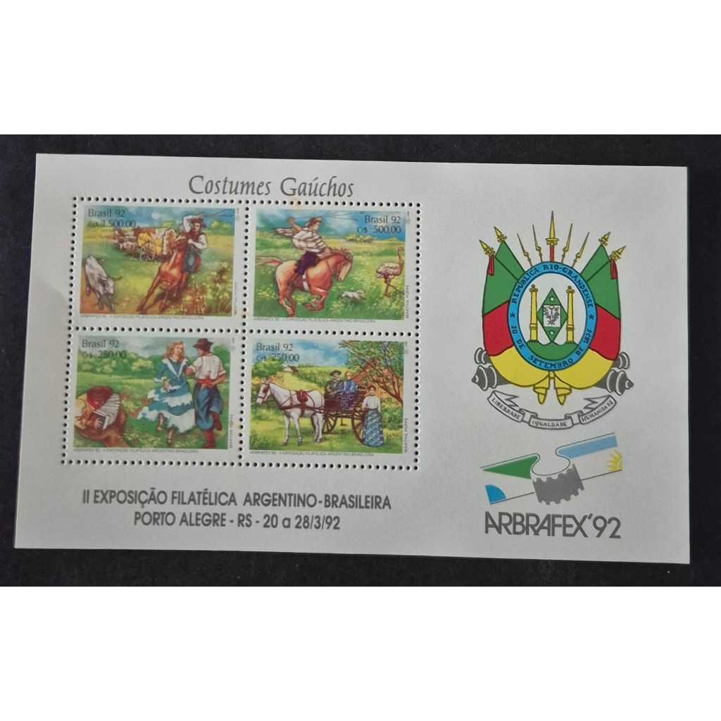 Bloco selo dos correios B-90 - Bloco Abrafex 92 Costumes Gaúchos. Filatelia