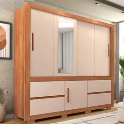 Guarda-Roupa com Espelho 3 Portas de Correr 4 Gavetas Optimus Lux Caemmun