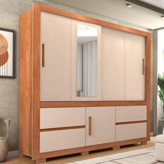Guarda-Roupa com Espelho 3 Portas de Correr 4 Gavetas Optimus Lux Caemmun em Oferta na Shopee