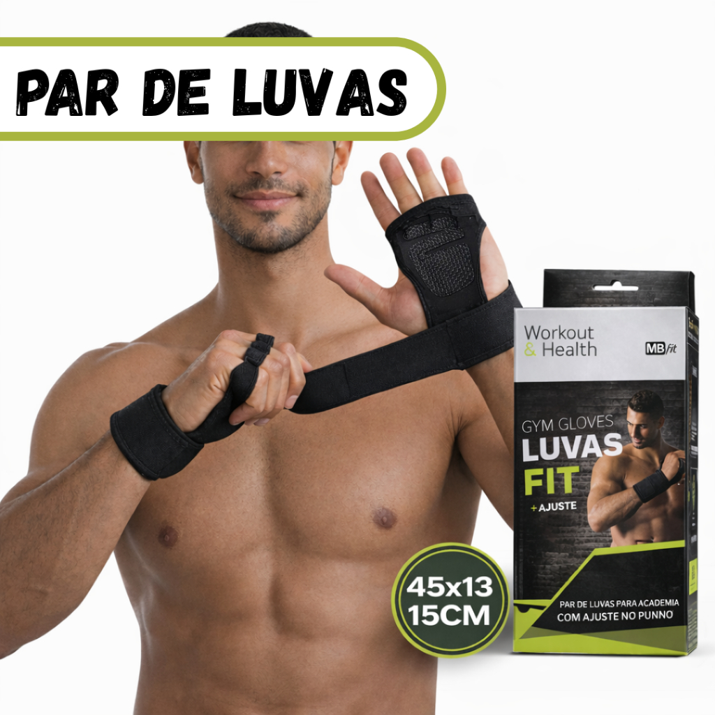 Par de Luvas com Munhequeira Ajustável Treino Academia Musculação