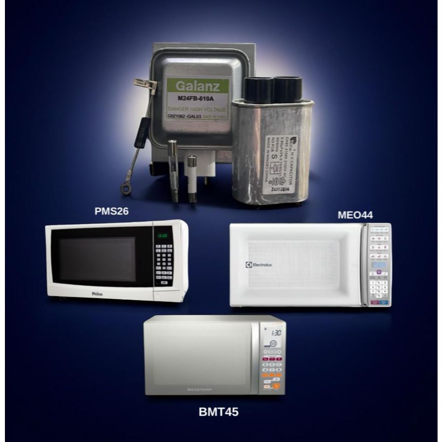 Kit Tecnico Microondas MEO44 / PMS26 / BMT45  Magnetron 610A + Cap 0,85uf + Fusivel Ceramica 20A + Fusivel 0.8A + Diodo