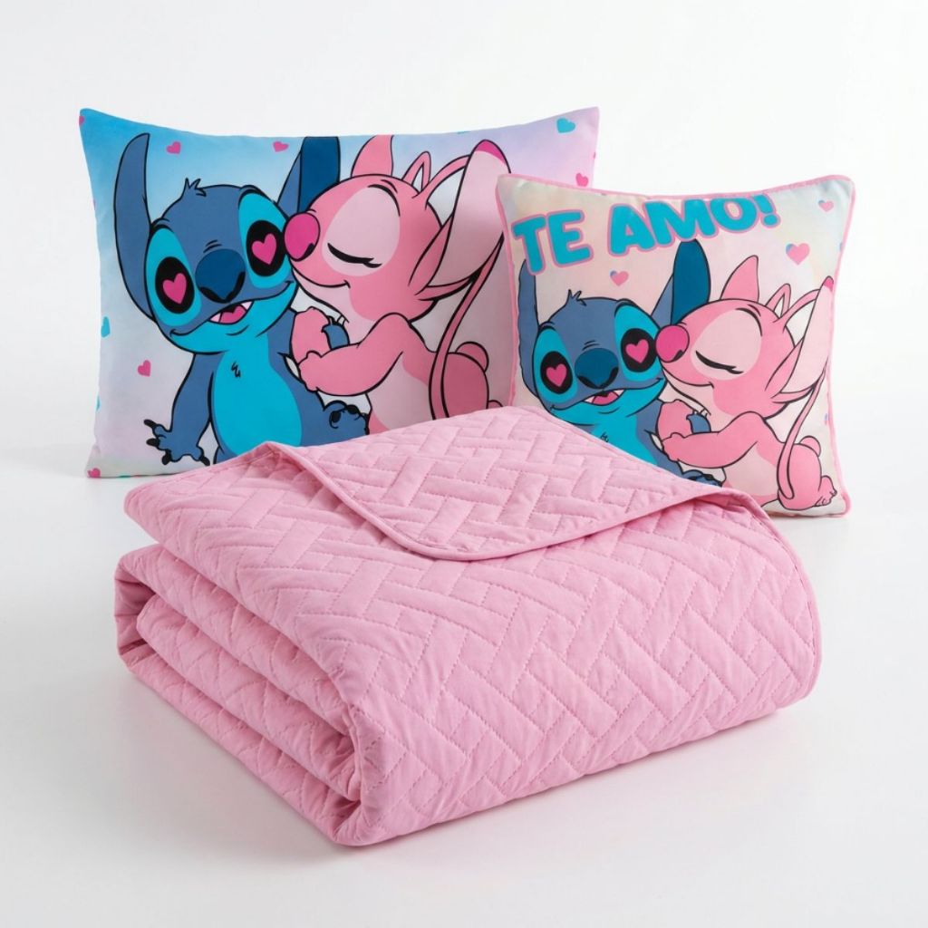 Colcha Cobre Leito Jogo Roupa Cama Edredom Solteiro 5 Pçs Matelado Quarto Menina Fronha Stich Rosa