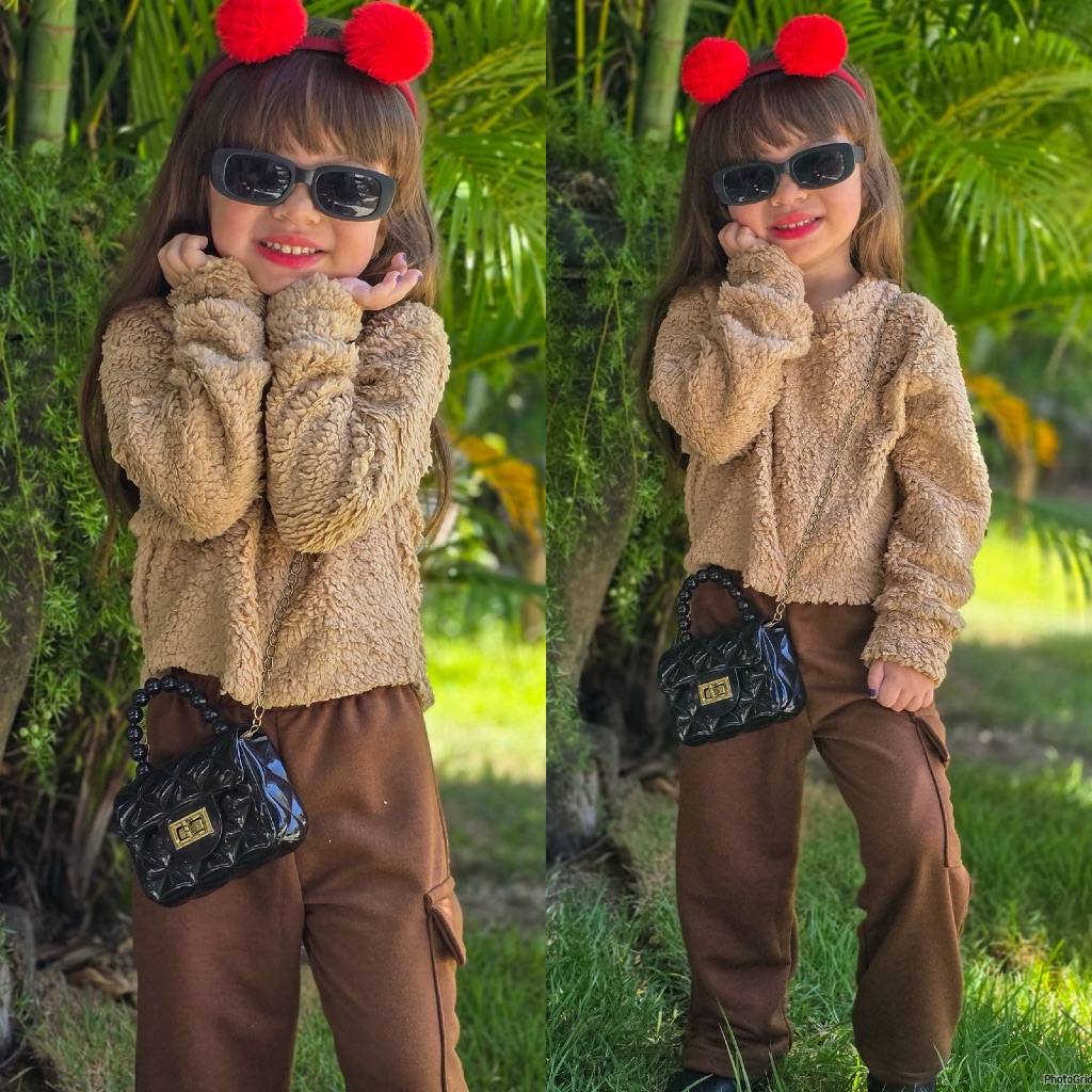 Conjunto Menina Estilosa Quentinho e Confortável Casaco de Pelinho + Calça