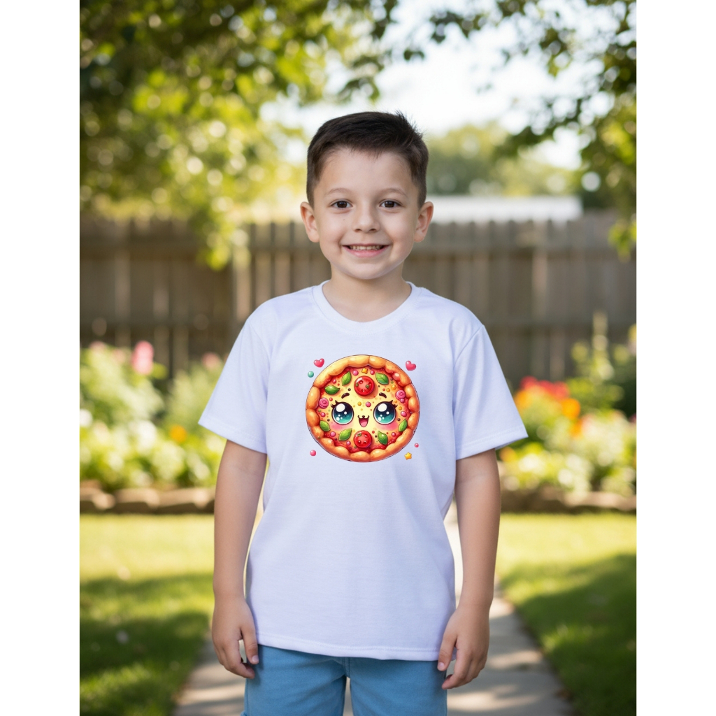Camiseta Infantil Pizza Fofa Estampa Cute Comida Guloseimas Pizzaria