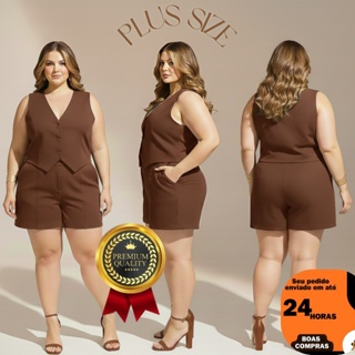 Conjunto Feminino Plus Size Colete Alfaiataria PREMIUM + Shorts Cintura Alta em Oferta na Shopee