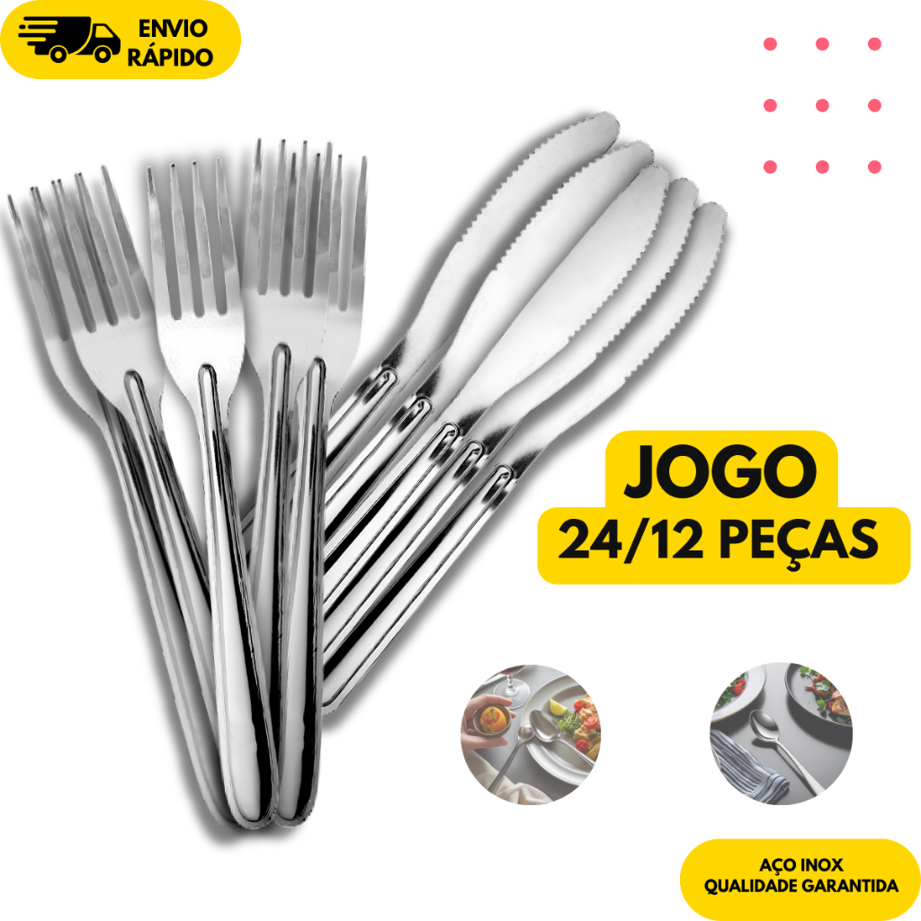 Kit Jogo de 24/12 Talheres Garfo e Faca Aço Inox Cozinha Jantar Restaurante Buffet Bar