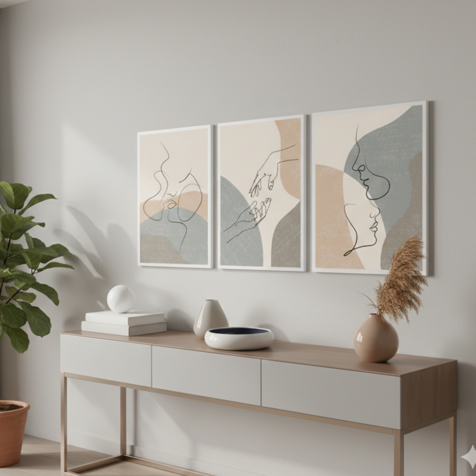 Detalhes do Kit Quadros Decorativos 3 Peças Minimalista Moderno Abstrato Nude Cinza decoração casa sala quarto