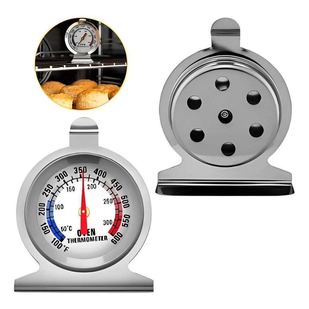 Termômetro de Forno em Aço Inoxidável, 50°C a 300°C, Prata, 7x6x3cm, com Alça para Pendurar