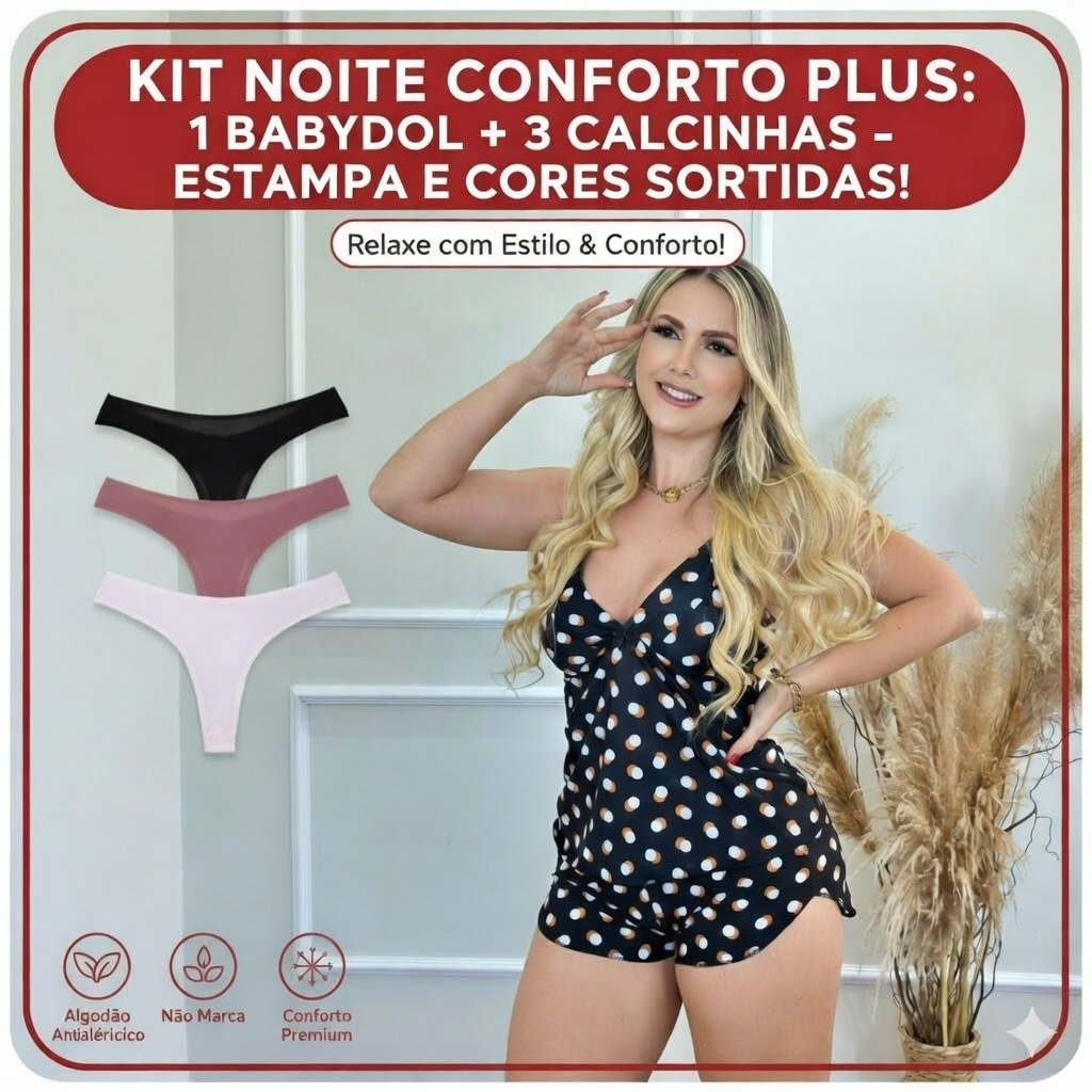 Baby Doll Liganete + 3 Calcinha Básica Fio Estampas e Cores Sortidas - Kit Noite Conforto Econômico