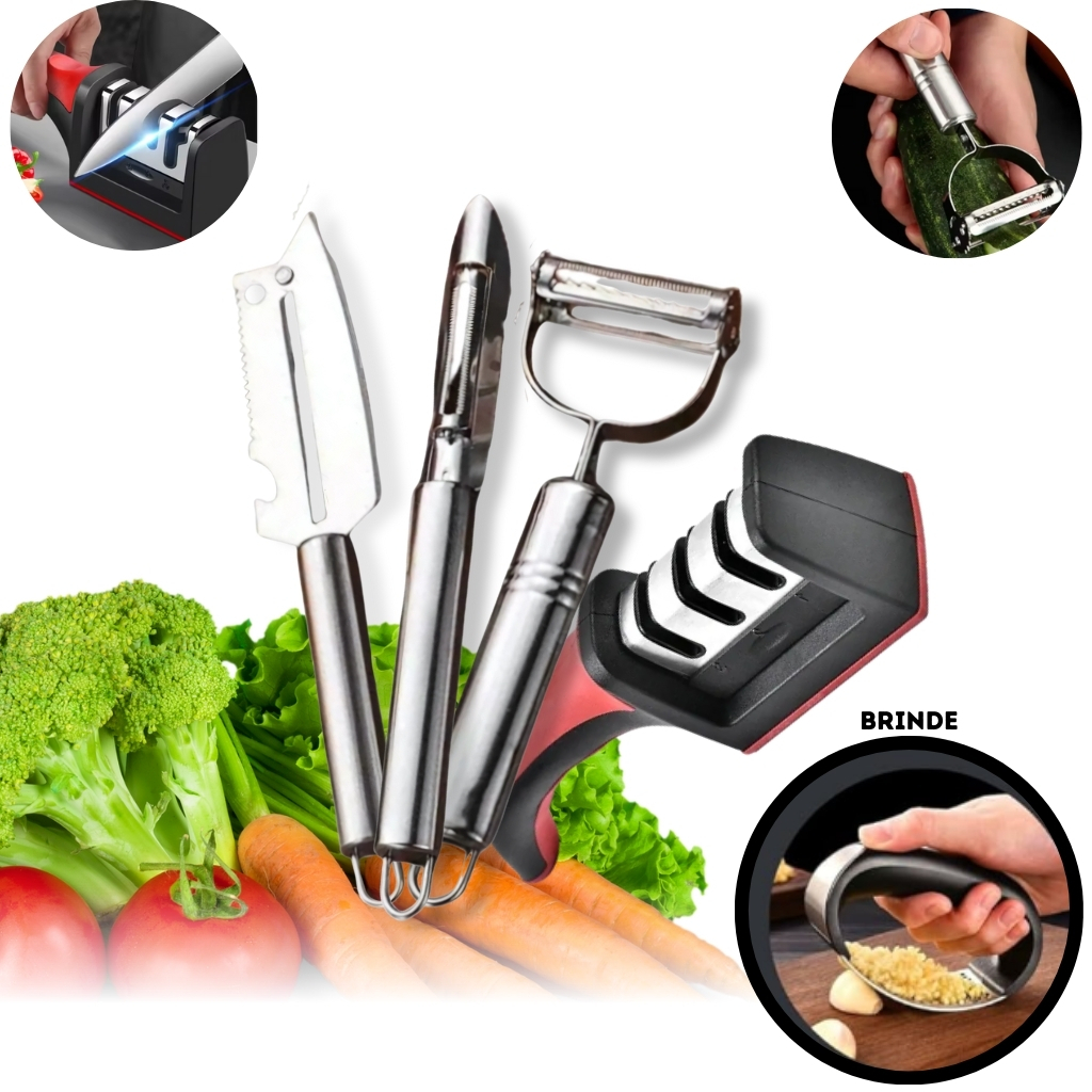 Kit 3 Descascadores Inox Legumes E Amolador Faca Afiador Profissional com cabo 3 EM 1 mais Brinde
