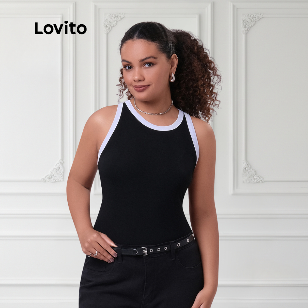 Lovito Regata Casual Feminina Plus Size Alça Contrastante TKB249BRL278 em Oferta na Shopee