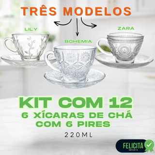 Jogo de Xícaras 220ml e Pires Vidro Transparente  Design Moderno e Resistente a Altas Temperaturas em Oferta na Shopee